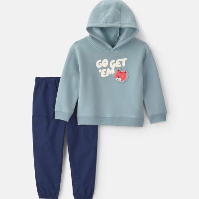 Toddler Boy 2-Piece 'Go Get Em' Tiger Fleece Hooded Top & Pant Set - Blue