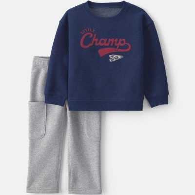 Toddler Boy 2-Piece 'Little Champ' Football Fleece Top & Pant Set - Navy Blue/Grey
