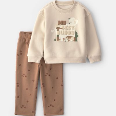 Toddler Boy 2-Piece 'My Best Buddy' Dog Fleece Sweatshirt & Pant Set - Cream/Brown