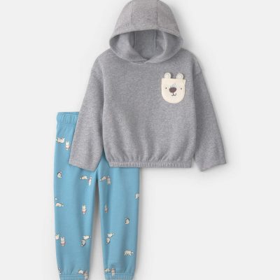 Toddler Boy 2-Piece Polar Bear Fleece Hoodie Top & Pant Set - Grey/Blue