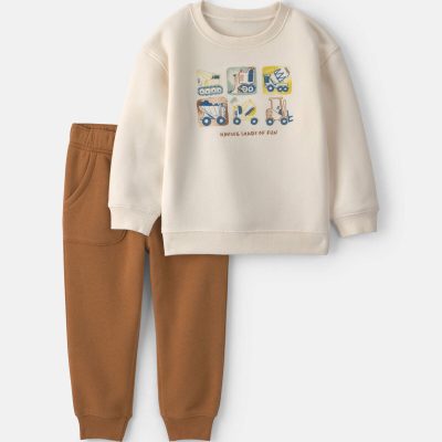 Toddler Boy 2-Piece Construction Fleece Long-Sleeve Top & Pant Set - Cream/Brown