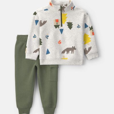 Toddler Boy 2-Piece Fox Fleece Pullover & Pant Set - Grey/Green