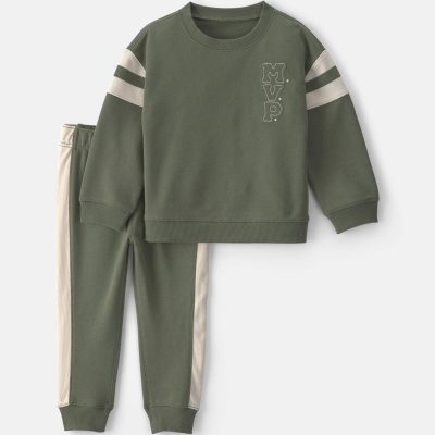 Toddler Boy 2-Piece 'MVP' French Terry Long-Sleeve Top & Pant Set - Olive Green