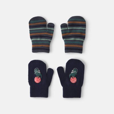 Toddler Boy 2-Pack Astronaut Dinosaur Striped Mittens - Black/Blue