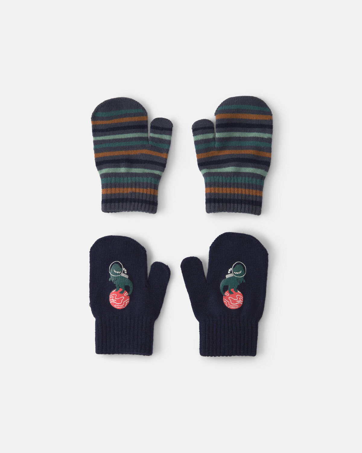 Toddler Boy 2-Pack Astronaut Dinosaur Striped Mittens - Black/Blue