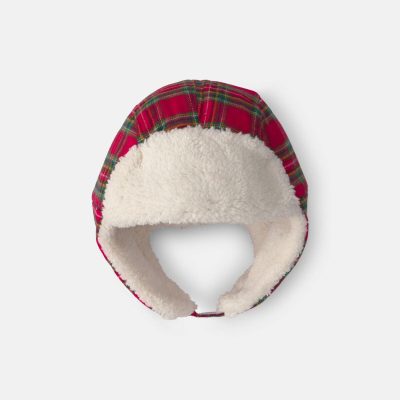 Toddler Boy Christmas Plaid Teddy Fleece Hat - Red