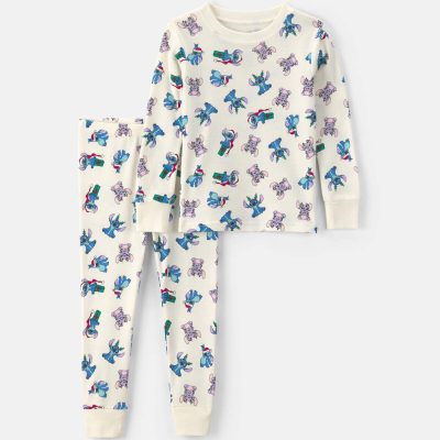 Toddler 2-Piece Stitch Christmas 100% Cotton Snug Fit Pajama Set - Ivory