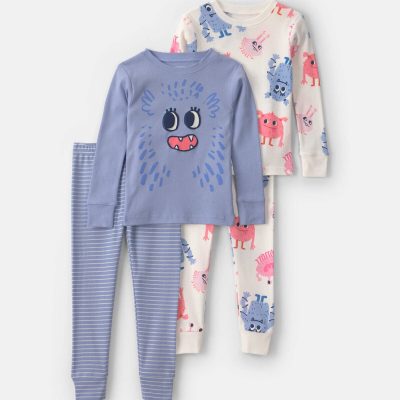 Toddler Girl 4-Piece Monster 100% Cotton Snug Fit Pajama Set - Blue/Cream