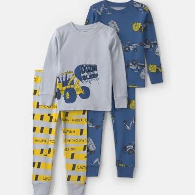 Toddler Boy 4-Piece Construction 100% Cotton Snug Fit Pajama Set - Blue/Green
