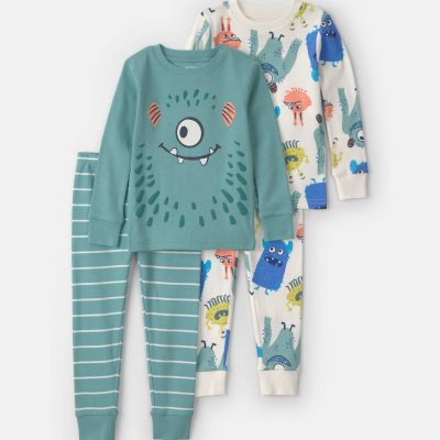 Toddler Boy 4-Piece Monster 100% Cotton Snug Fit Pajama Set - Teal/Cream