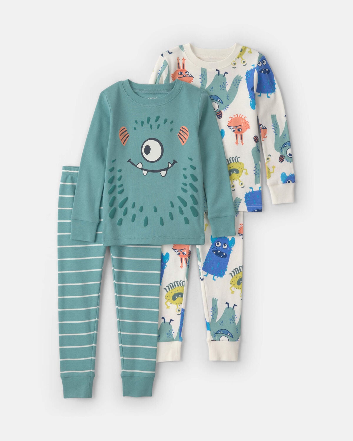Toddler Boy 4-Piece Monster 100% Cotton Snug Fit Pajama Set - Teal/Cream