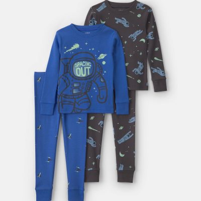 Toddler Boy 4-Piece Astronaut Glow in the Dark 100% Cotton Snug Fit Pajama Set - Blue