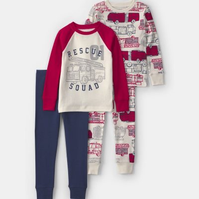 Toddler Boy 4-Piece 'Rescue Squad' 100% Cotton Snug Fit Pajama Set - Red/Cream