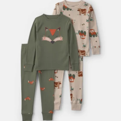Toddler Boy 4-Piece Fox 100% Cotton Snug Fit Pajama Set - Green