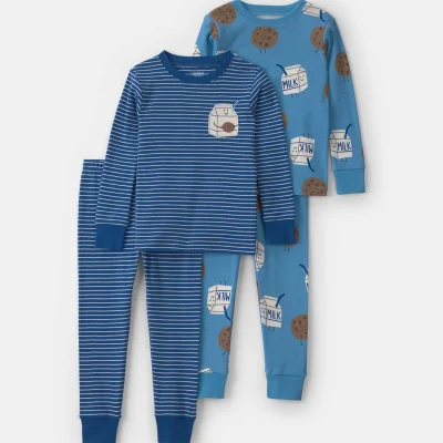 Toddler Boy 4-Piece Milk & Cookies 100% Cotton Snug Fit Pajama Set - Blue