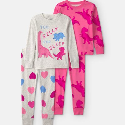 Toddler Girl 4-Piece Dino Heart Cotton Snug Fit Pajama Set - Pink