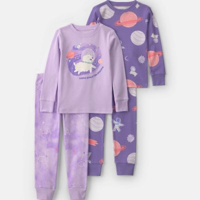 Toddler Girl 4-Piece Space Dog 100% Cotton Snug Fit Pajama Set - Purple