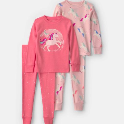 Toddler Girl 4-Piece Unicorn 100% Cotton Snug Fit Pajama Set - Coral/Pink