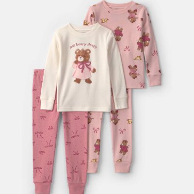 Toddler Girl 4-Piece Bear Varsity 100% Cotton Snug Fit Pajama Set - Pink/Cream