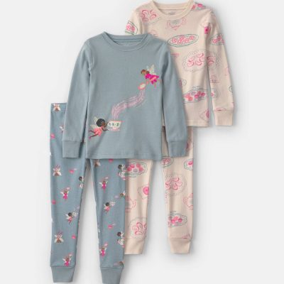 Toddler Girl 4-Piece Fairy 100% Cotton Snug Fit Pajama Set - Blue/Cream