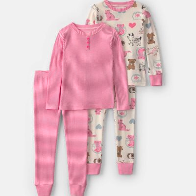 Toddler Girl 4-Piece Pets 100% Cotton Snug Fit Pajama Set - Pink/Cream