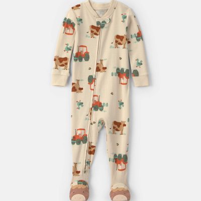 Toddler Boy 1-Piece Farm 100% Cotton Snug Fit Footed Pajama - Beige