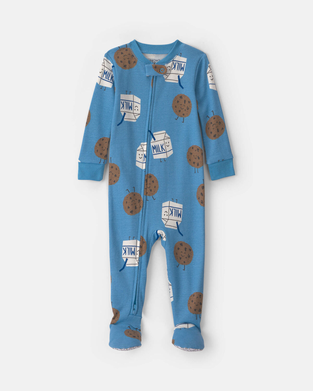 Toddler Boy 1-Piece Milk & Cookies 100% Cotton Snug Fit Footed Pajama - Blue