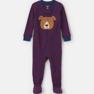 Toddler Boy 1-Piece Dog Striped 100% Cotton Snug Fit Footed Pajama - Burgundy/Blue