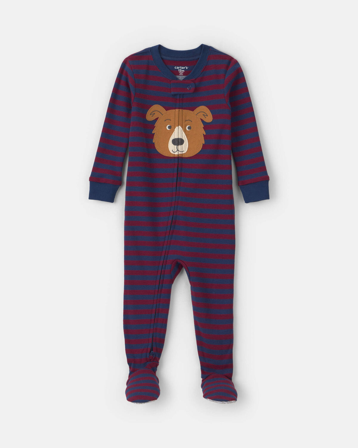 Toddler Boy 1-Piece Dog Striped 100% Cotton Snug Fit Footed Pajama - Burgundy/Blue