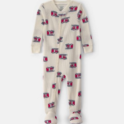 Toddler Boy 1-Piece Firetrucks Thermal Waffle Knit Footed Pyjama - Cream