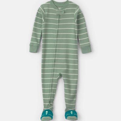 Toddler Boy 1-Piece Dino Striped 100% Cotton Snug Fit Footed Pajama - Green