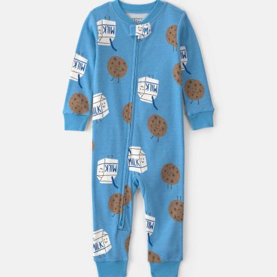 Toddler Boy 1-Piece Milk & Cookies 100% Cotton Snug Fit Pajama - Blue