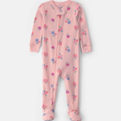 Toddler Girl 1-Piece Floral Thermal Waffle Knit Footed Pajama - Pink