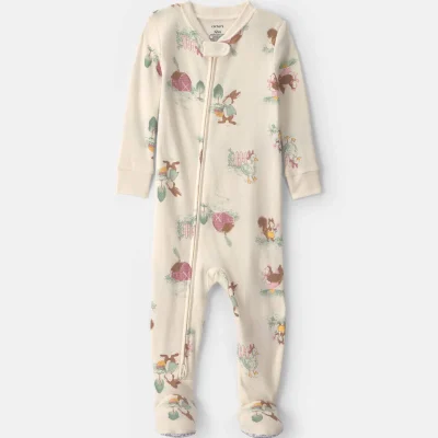 Toddler Girl 1-Piece Country Farm 100% Cotton Snug Fit Footed Pajama - Cream