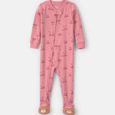 Toddler Girl 1-Piece Bows 100% Cotton Snug Fit Footed Pajama - Pink