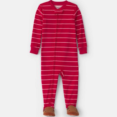 Toddler Boy 1-Piece Moose Striped DreamPlush Snug Fit Footed Pajama - Red