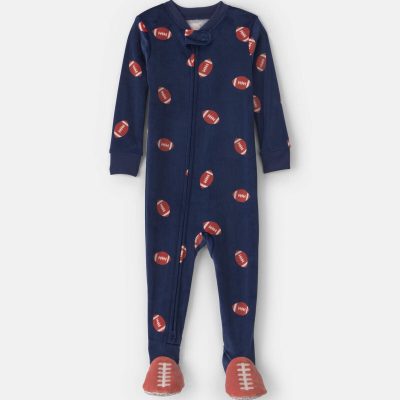 Toddler Boy 1-Piece Football DreamPlush Snug Fit Footed Pajama - Navy Blue