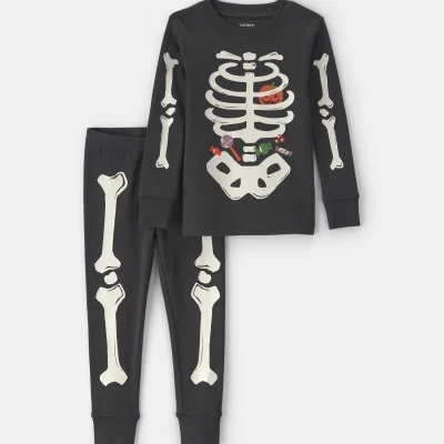 Toddler 2-Piece Halloween Glow in the Dark Skeleton 100% Cotton Snug Fit Pajama Set - Charcoal