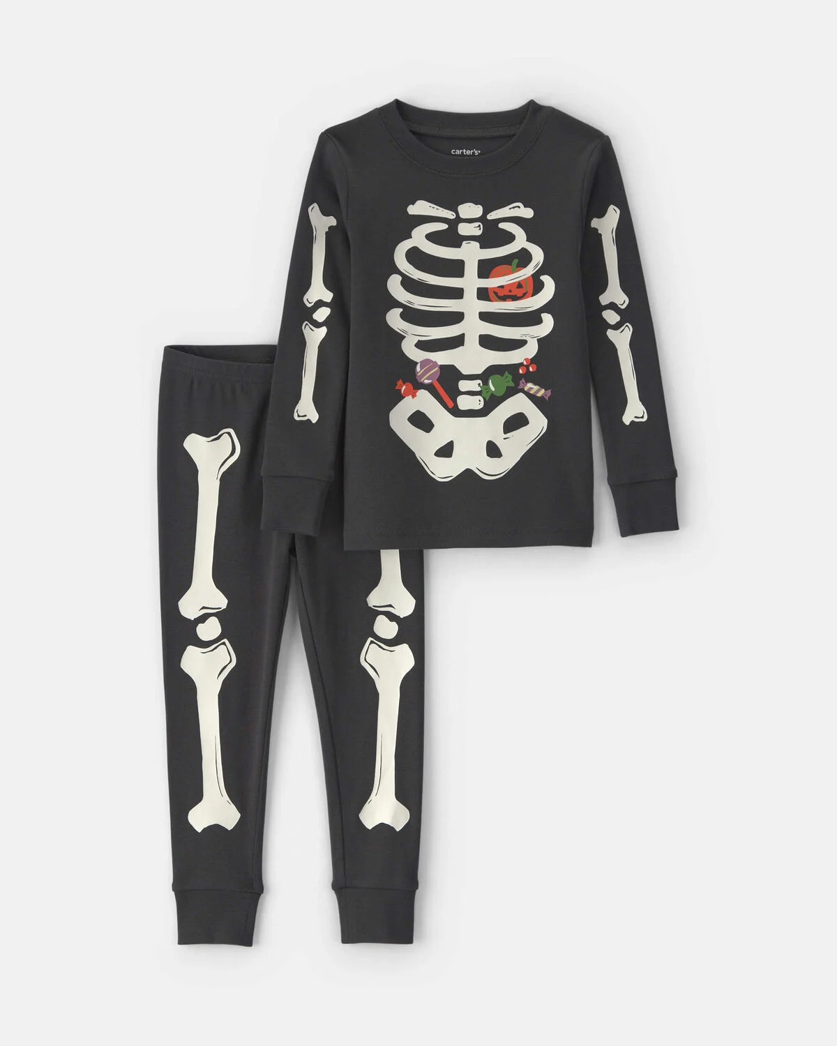 Toddler 2-Piece Halloween Glow in the Dark Skeleton 100% Cotton Snug Fit Pajama Set - Charcoal