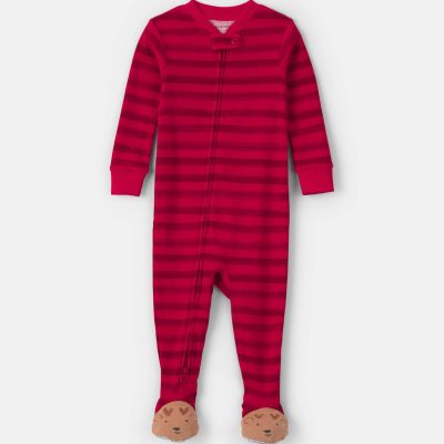 Toddler 1-Piece Striped Reindeer 100% Cotton Snug Fit Footed Pajama - Red