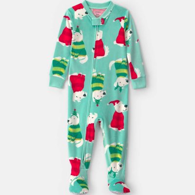 Toddler 1-Piece Christmas Dogs DreamPlush Snug Fit Footed Pajama - Green