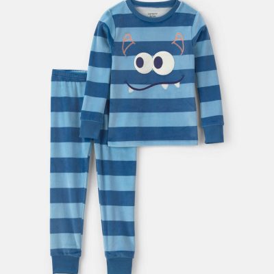 Toddler Boy 2-Piece Monster Striped DreamPlush Snug Fit Pajama Set - Blue