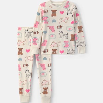Toddler Girl 2-Piece Pets DreamPlush Snug Fit Pajama Set - Cream