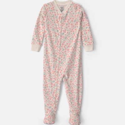 Toddler Girl 1-Piece Floral DreamPlush Snug Fit Footed Pajama - Cream