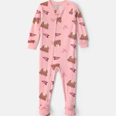 Toddler Girl 1-Piece Bears & Bows DreamPlush Snug Fit Footed Pajama - Pink