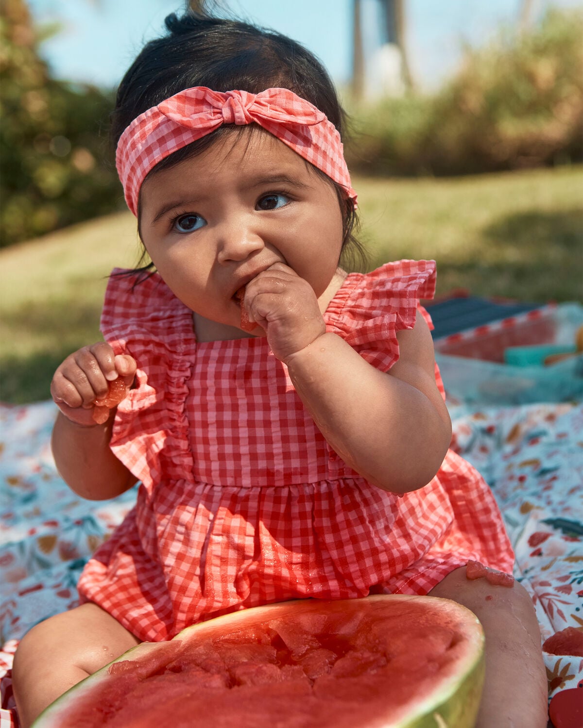 Baby Girl 3-Piece Gingham Top & Short Set - Coral - Image 2