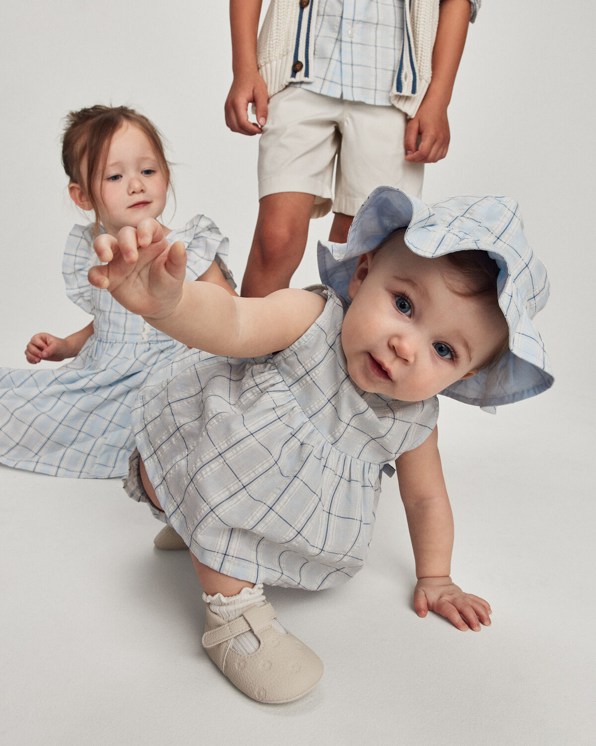 Baby Girl 3-Piece Plaid Hat, Top & Short Set - Blue - Image 2
