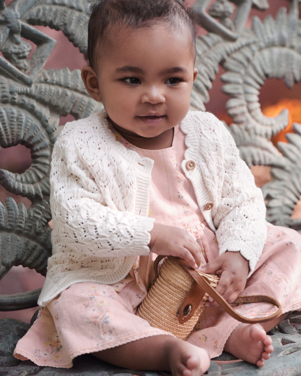 Baby Girl Organic Cotton Pointelle Sweater Knit Cardigan - Image 2