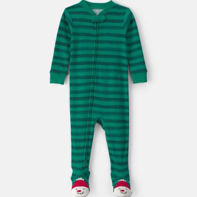Toddler 1-Piece Striped Snowman 100% Cotton Snug Fit Footed Pajama - Green