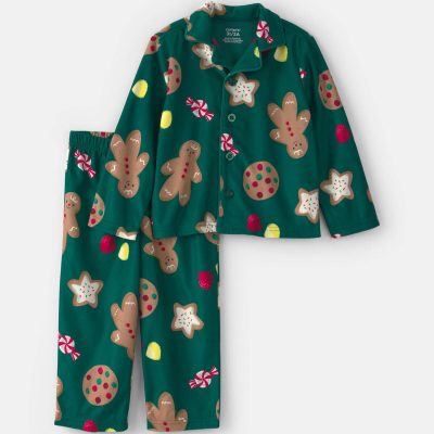 Toddler 2-Piece Christmas Gingerbread Fleece Loose Fit Pajama Set - Green